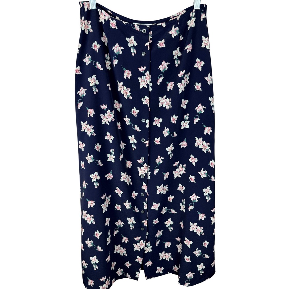 Brooks Brothers Navy Pink Lily Floral Button Front Midi Skirt Size 10 Made in US
